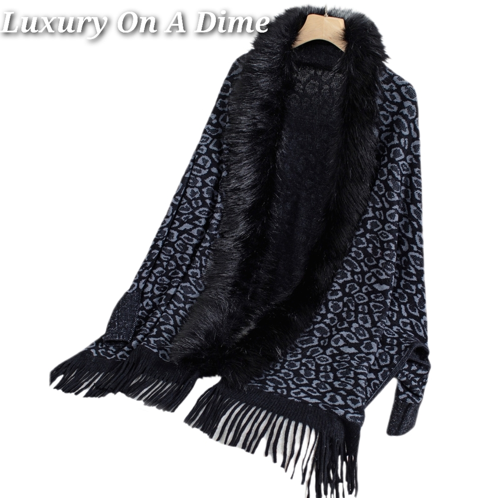 Plush Faux Fur Leopard Retro Fringe Boho Oversized Poncho Knit Cardigan Jacket